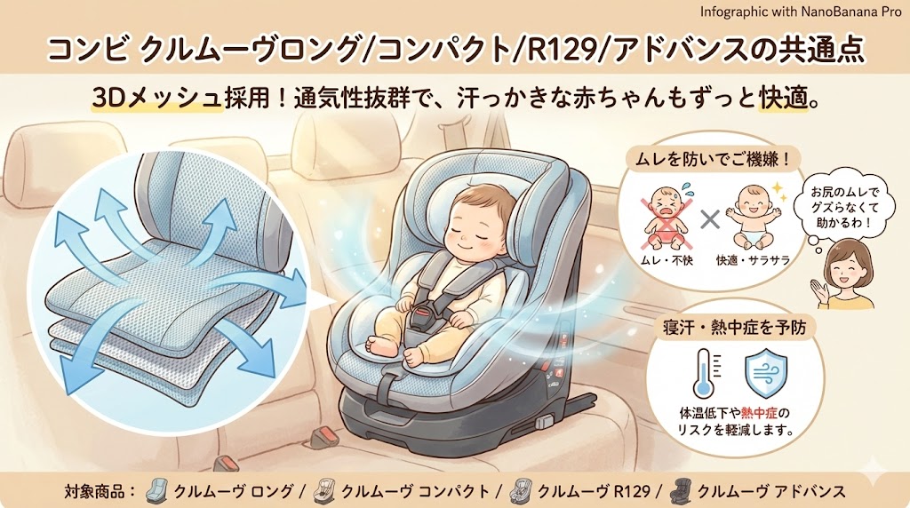 コンビ クルムーヴロングコンパクトR129アドバンス
違い
比較
共通点
3Dメッシュ