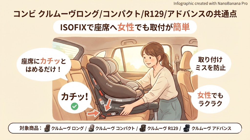 コンビ クルムーヴロングコンパクトR129アドバンス
違い
比較
共通点
ISOFIX