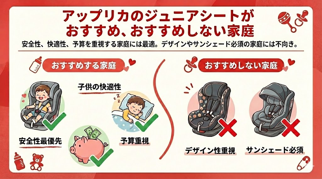 アップリカ 
おすすめする家庭
おすすめしない家庭
ジュニアシート