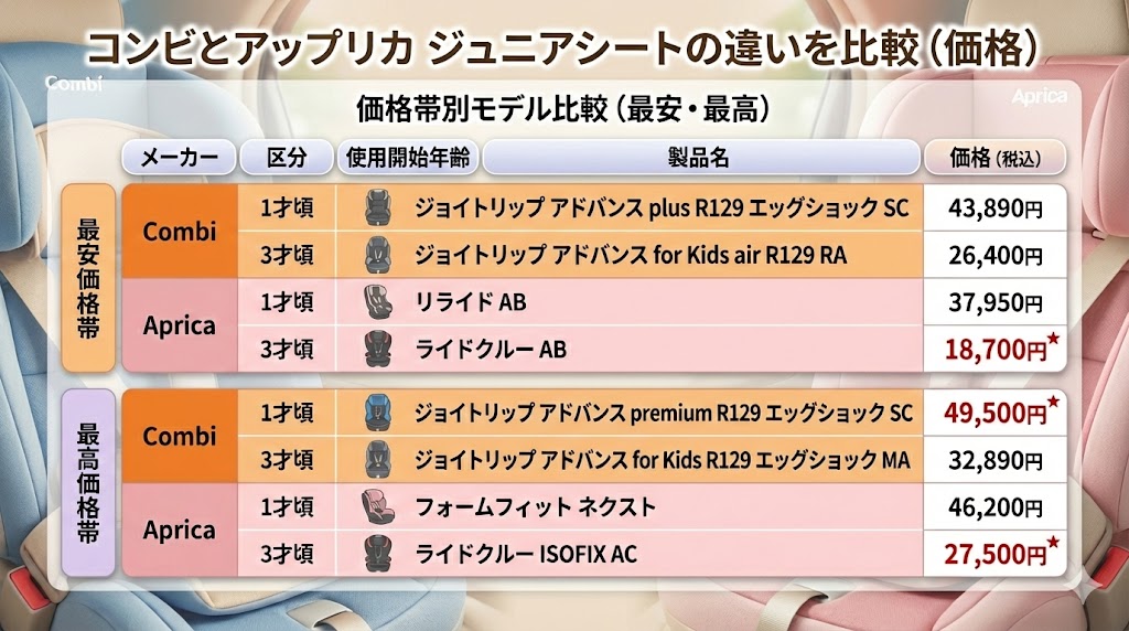コンビ
アップリカ
ジュニアシート
比較表
価格