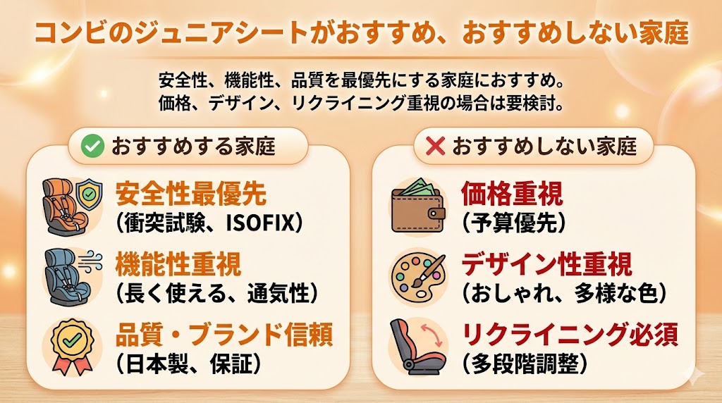 コンビ 
おすすめする家庭
おすすめしない家庭 
ジュニアシート
