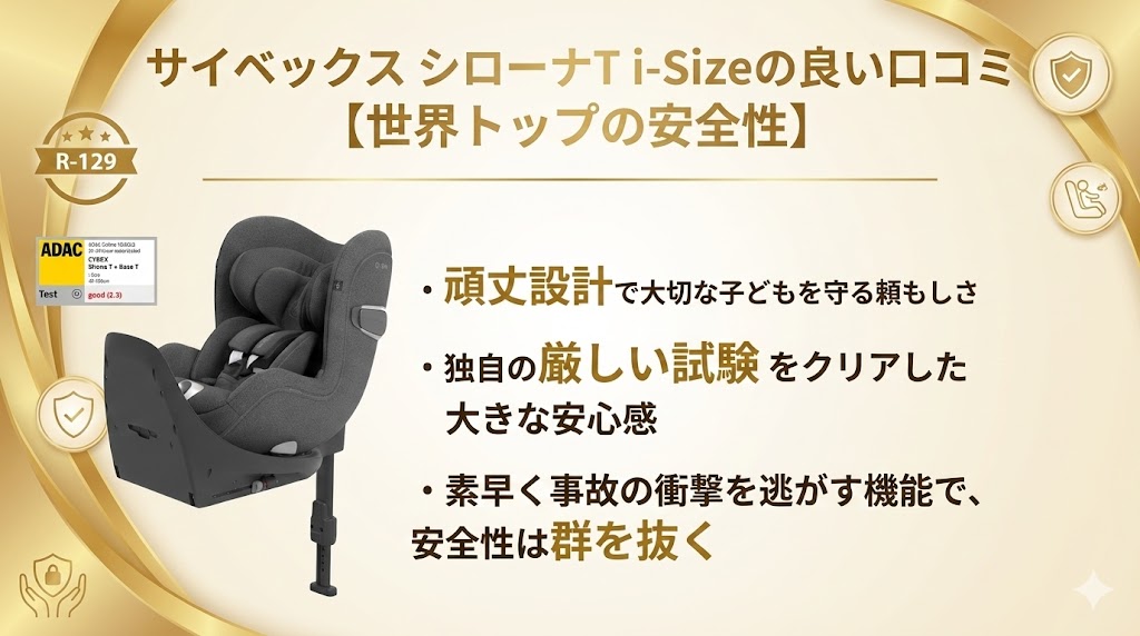 サイベックス
シローナT i-Size
口コミ
良い
安全性