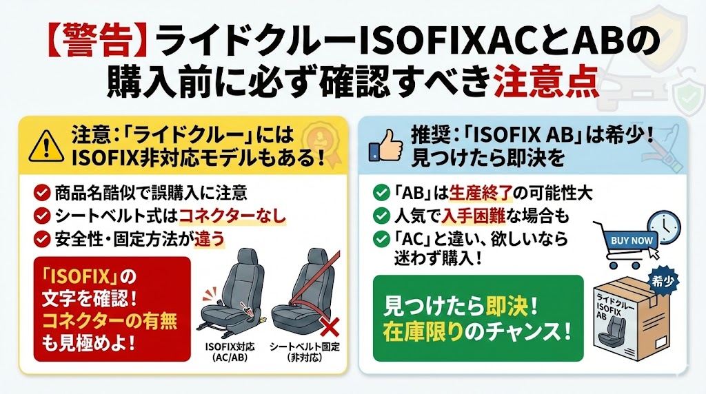 ライドクルーISOFIX AC
ライドクルーISOFIX AB
注意点