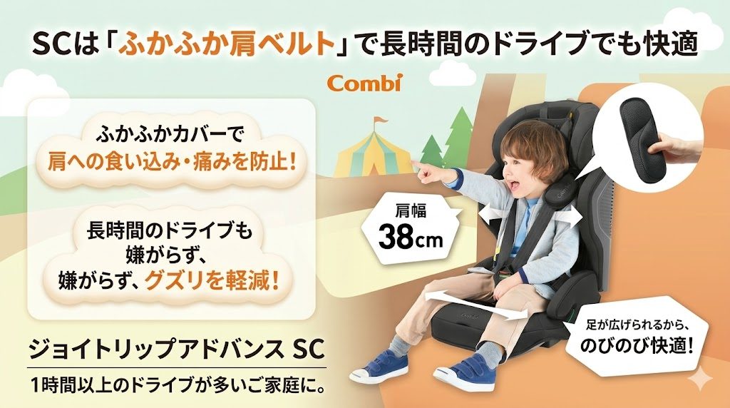 ジョイトリップアドバンス sc
ふかふか肩ベルト
長時間ドライブ
快適